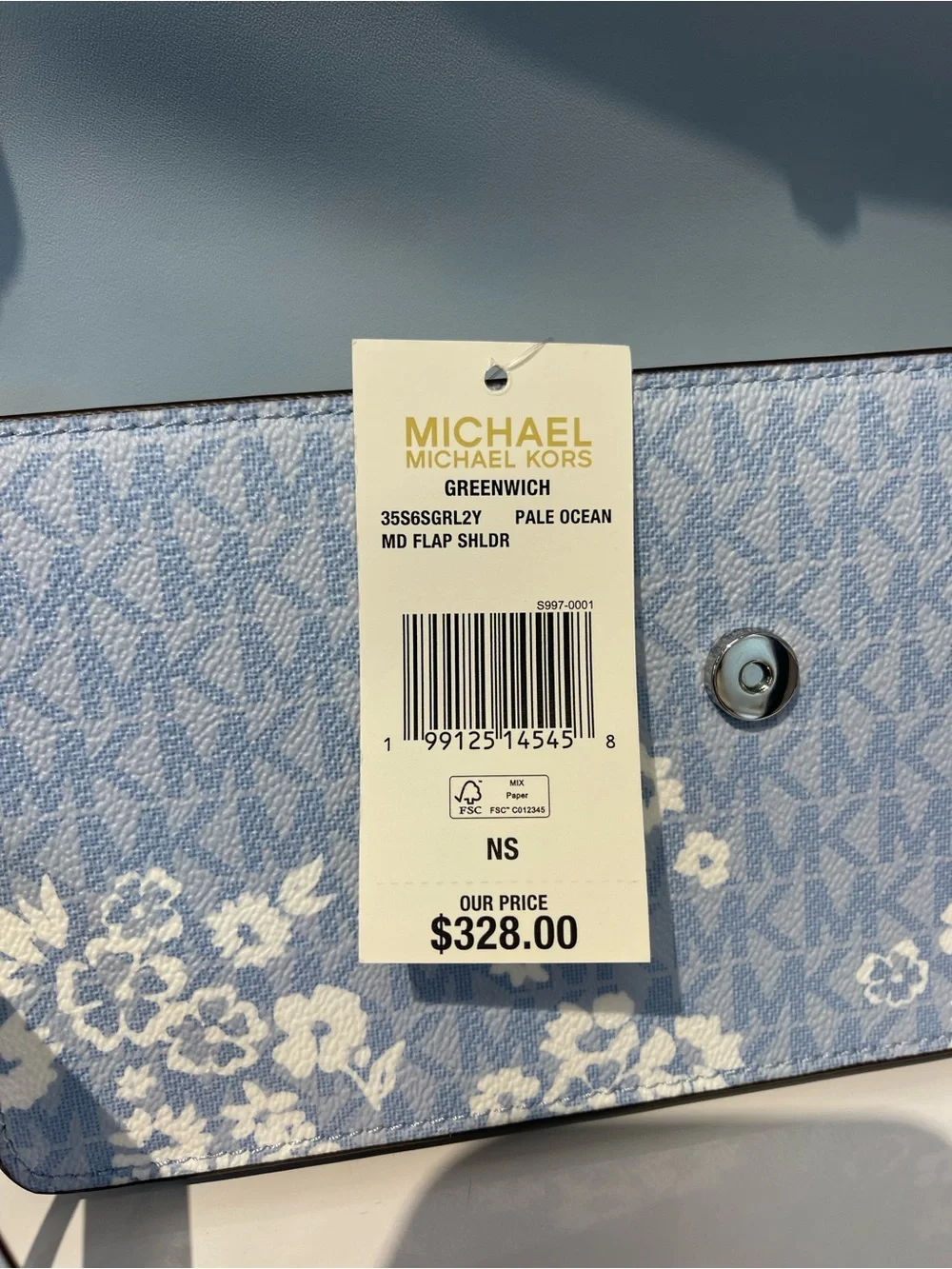 MICHAEL KORS Greenwich Md Printed Signature Logo Convertible Shoulder Pale Ocean